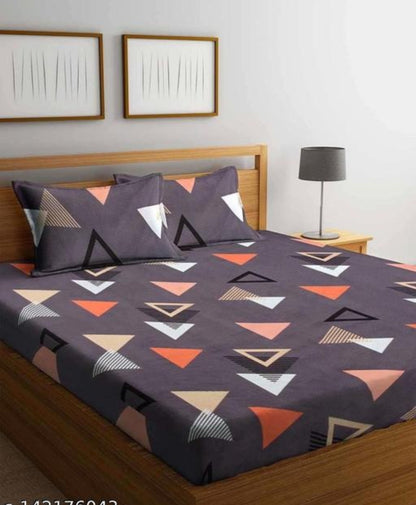 Super Soft Glace Cotton All Round Elastic Fitted Double Bed Bedsheet with 2 Pillow Covers-72x78x8